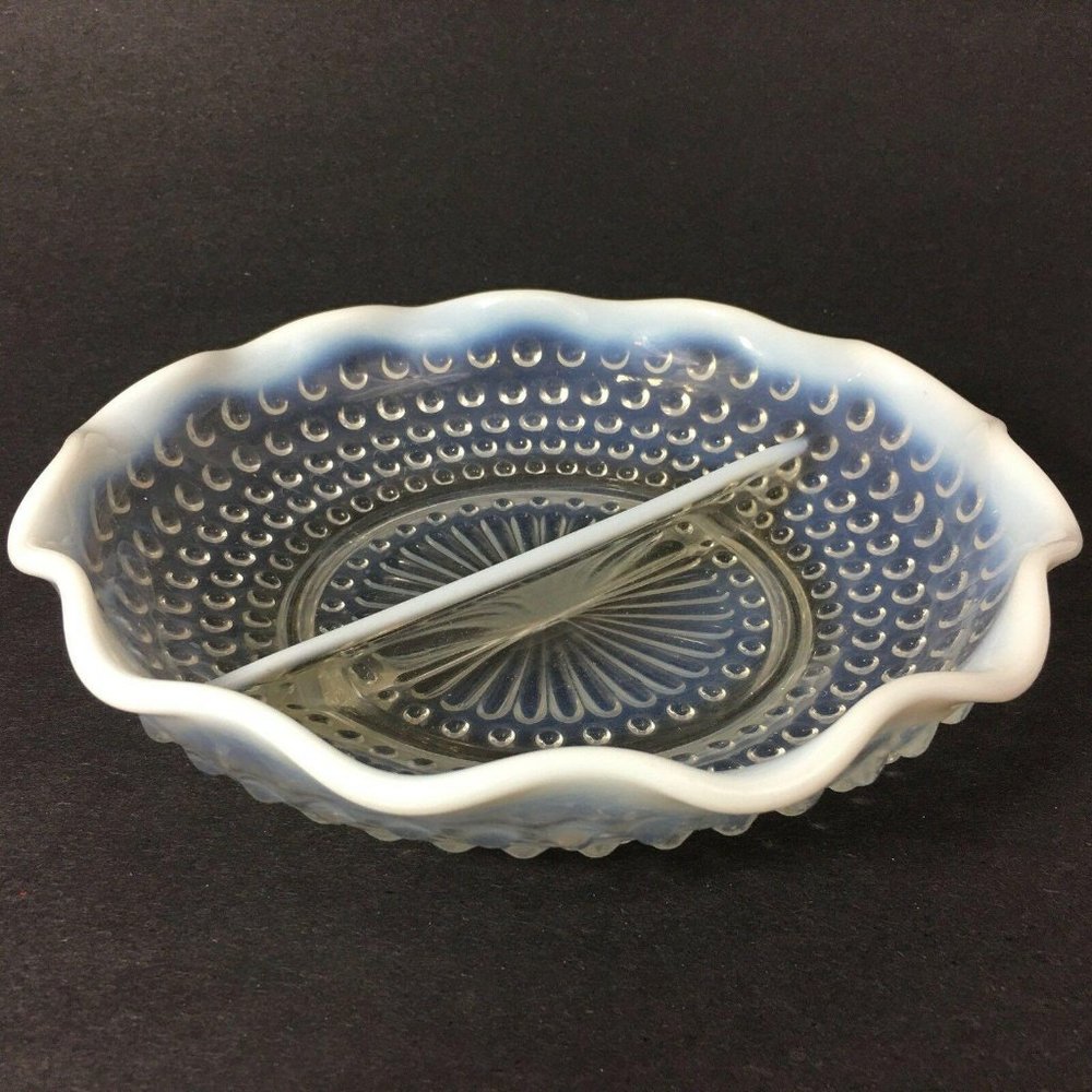 Fenton Opalescent Moonstone Hobnail Dish Glass Divided Round Scallop Edge 7 3/4"